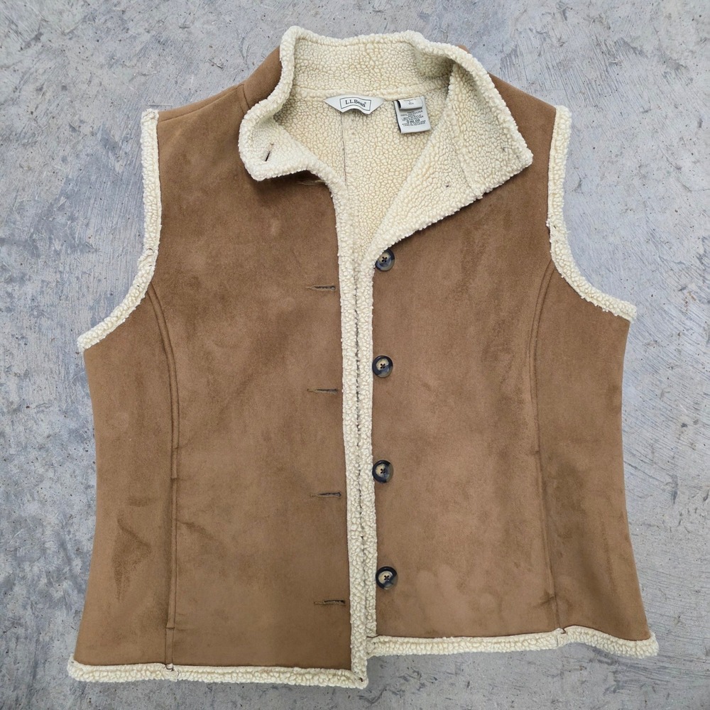 Vintage LL‎ Bean Womens L Tan Suede Sherpa Lined Vest Snap Front Collar Classic